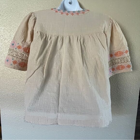 Beige Tassel Drawstring Boho Chic Embroidered Half Sleeve V Neck Top Size M - Picture 9 of 15